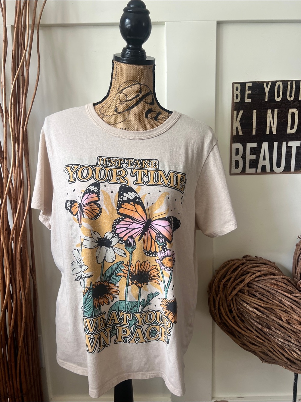 Zoe + Liv Cream Short Sleeve Tee with Pink & Yellow Butterfly Print